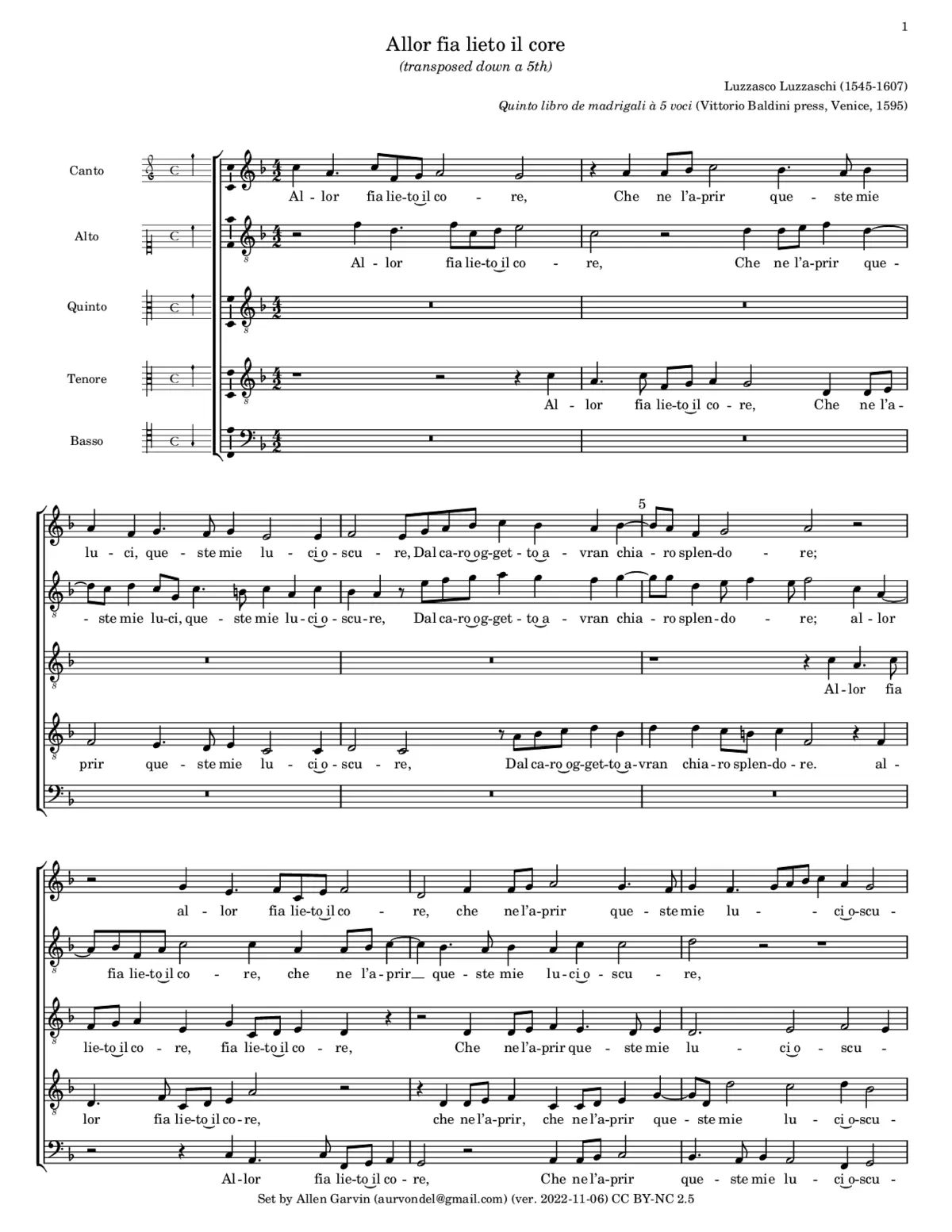 Allor fia lieto il core - Page 1