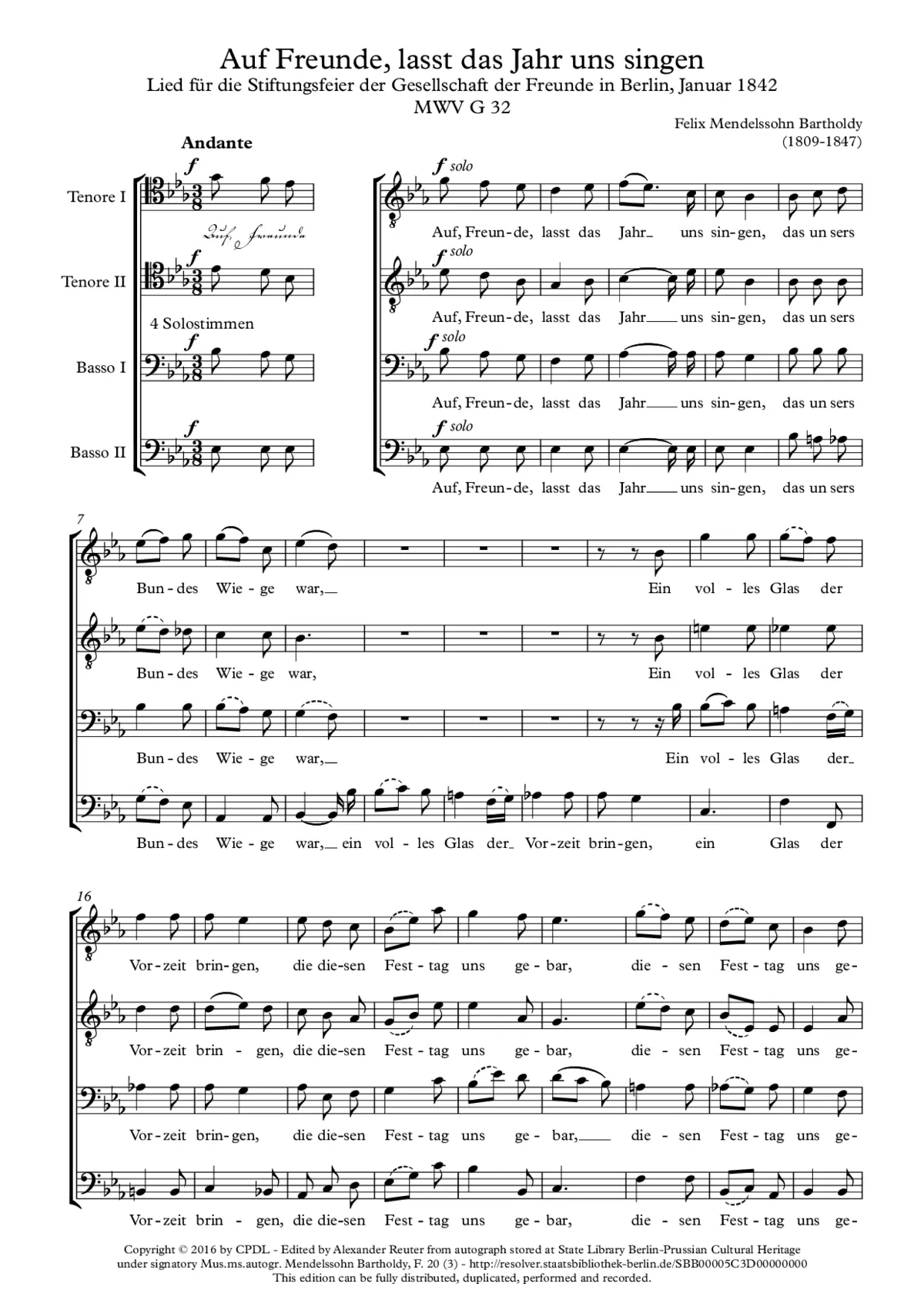 Auf Freunde lasst das Jahr uns singen MWV G 32 - Page 1