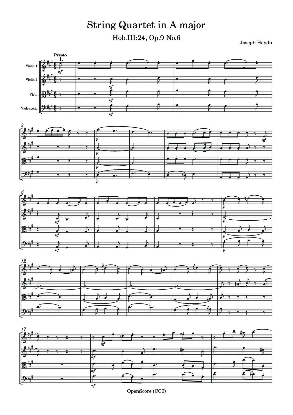 String Quartet in A major, Hob.III:24, Op.9 No.6 - Page 1