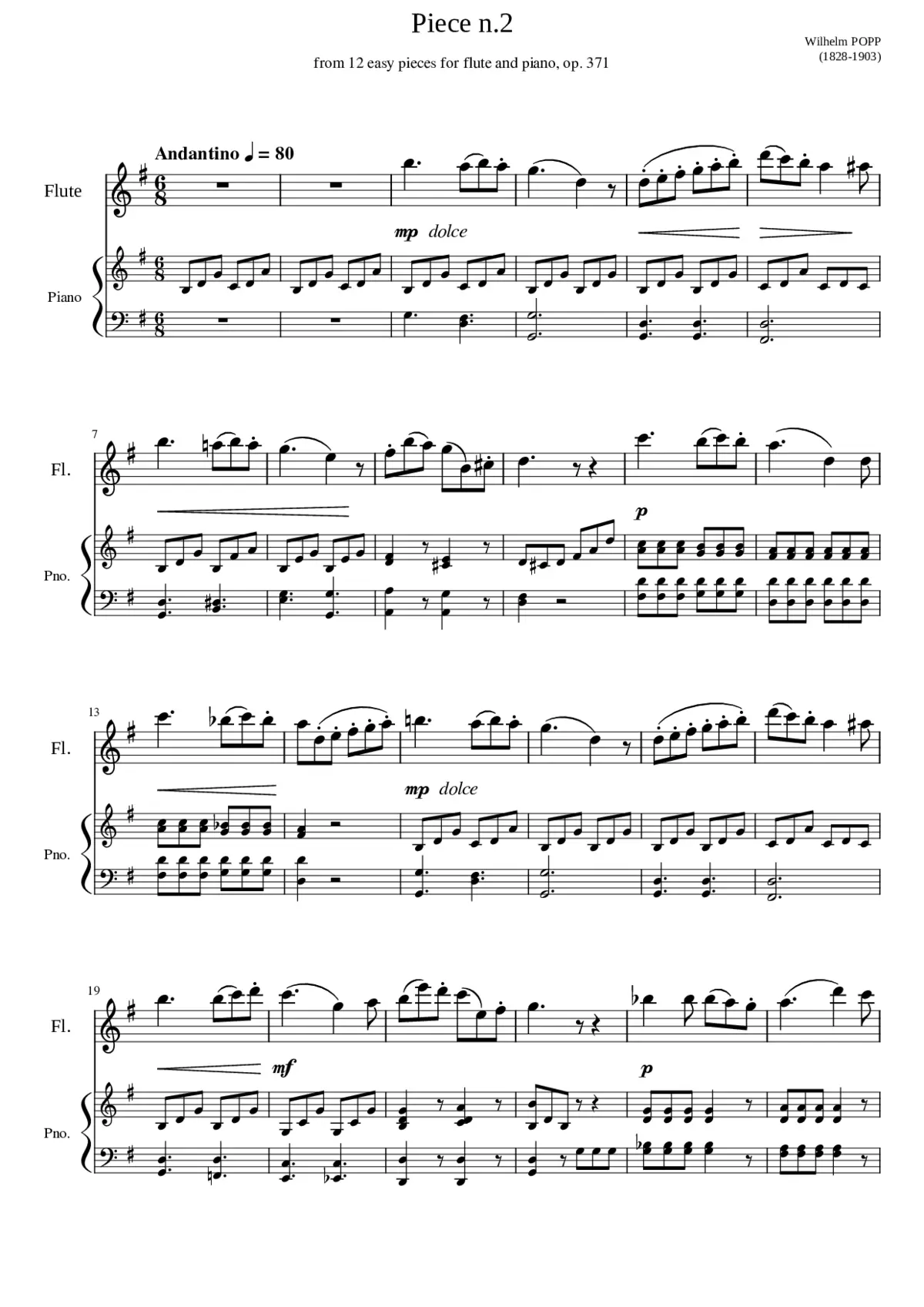 Piece n.2 - from 12 easy pieces for flute and piano op. 371 - Page 1