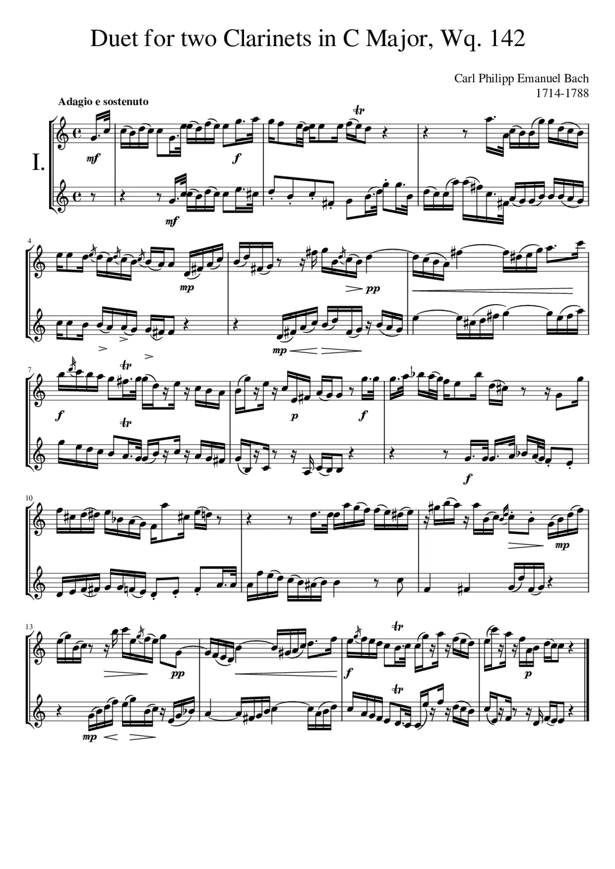 C.P.E. Bach - Duet for two Clarinets in C Major Wq. 142 - Page 1