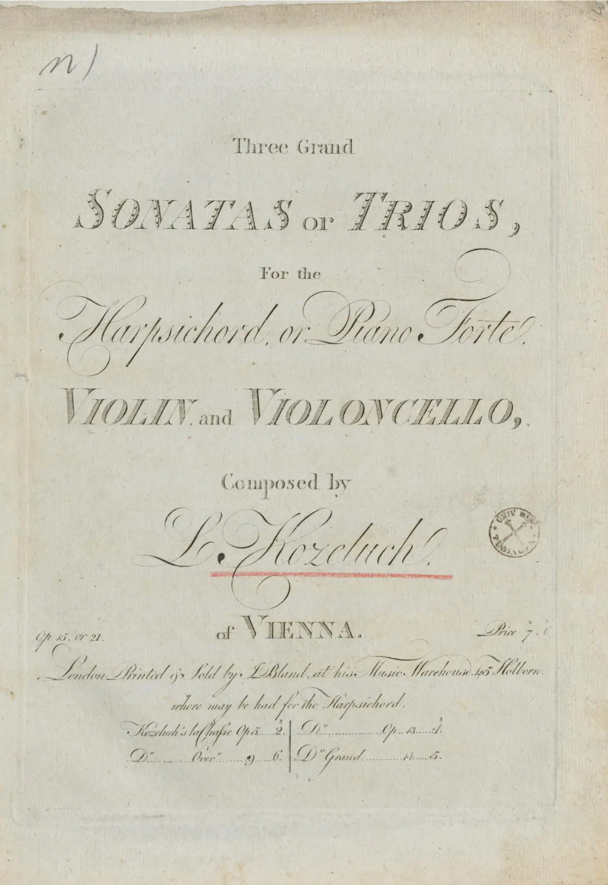 3 Sonates Pour le Clavecin ou le Forte Piano avec Violon et Violoncelle Obliges - Page 1