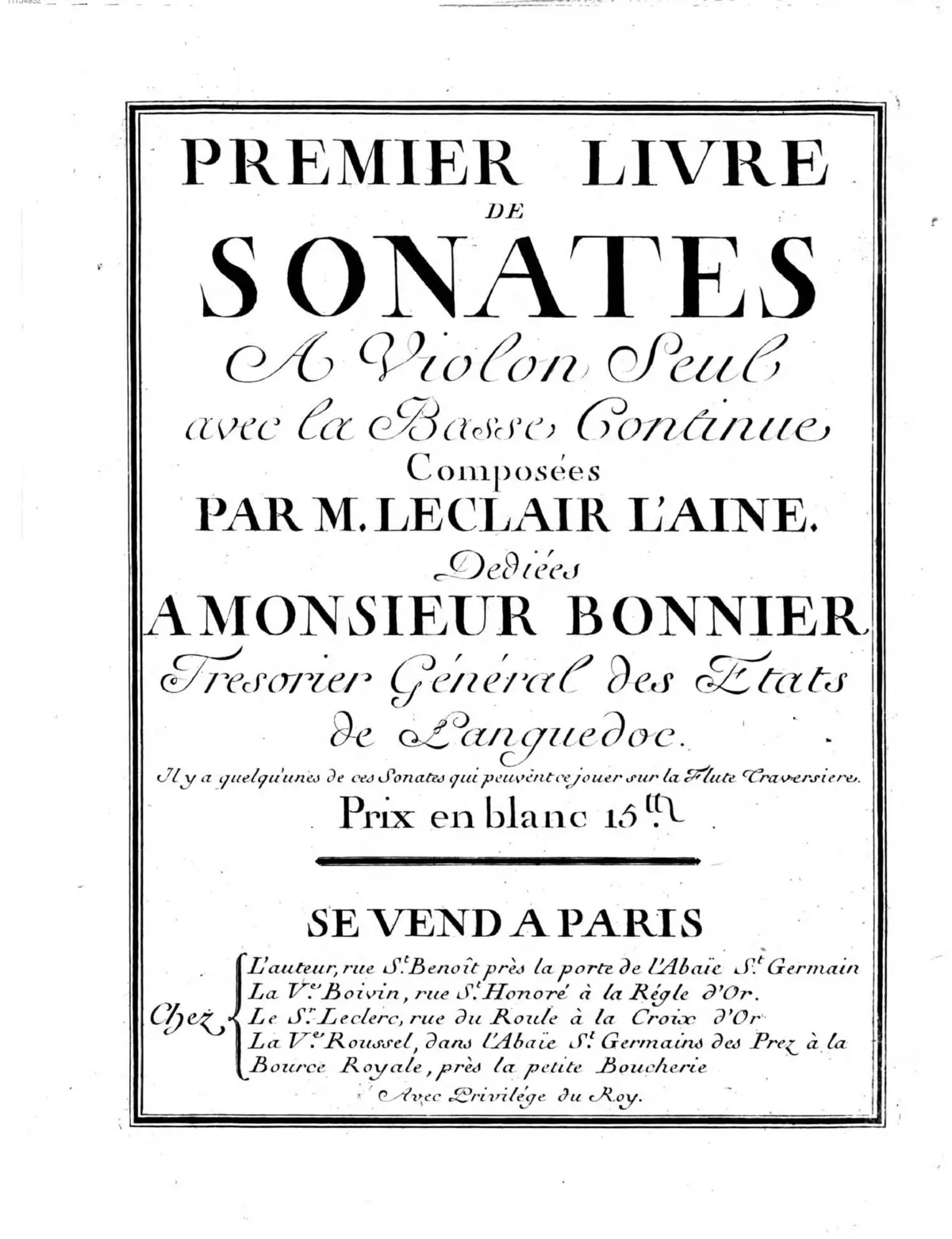 Premier livre de sonates a violon seul avec la basse continue - Page 1