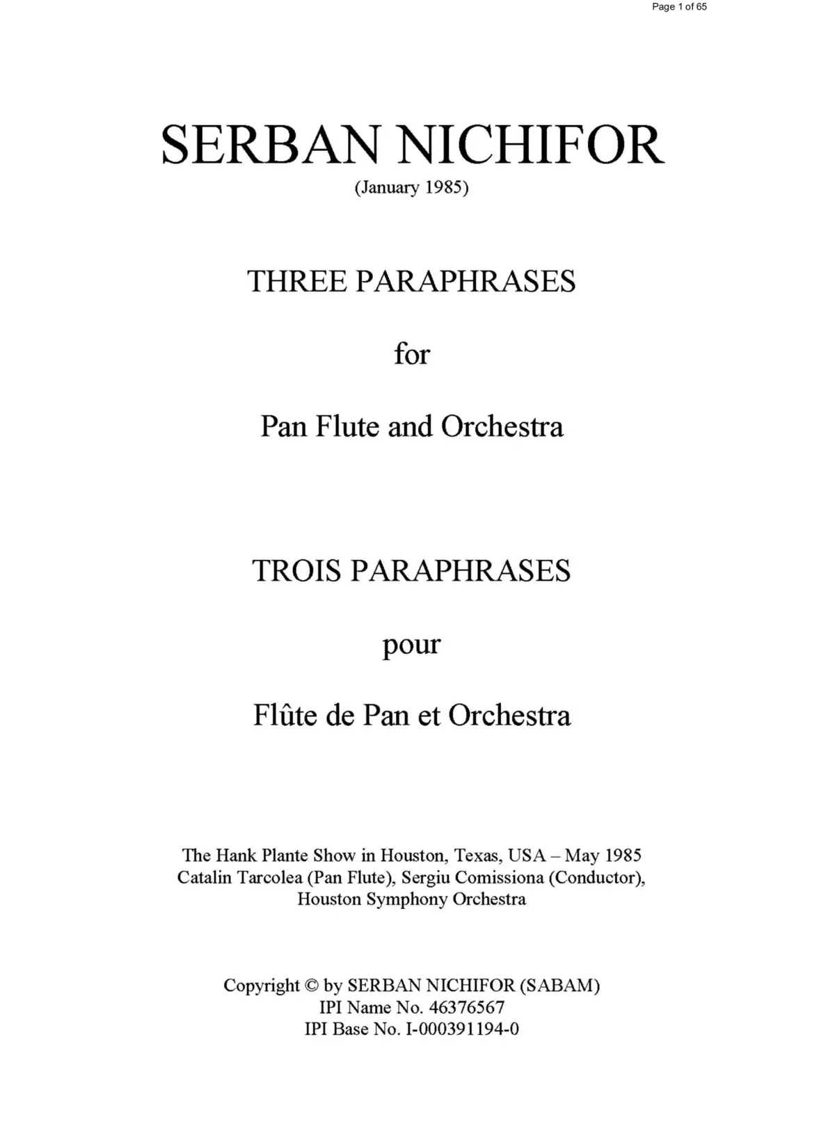 3 Paraphrases for Pan Flute and Orchestra - Page 1