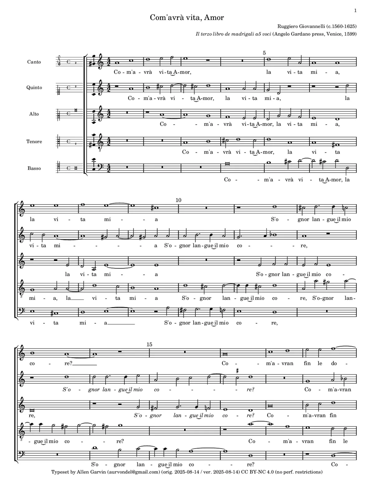 Come havrà vita Amor - Page 1