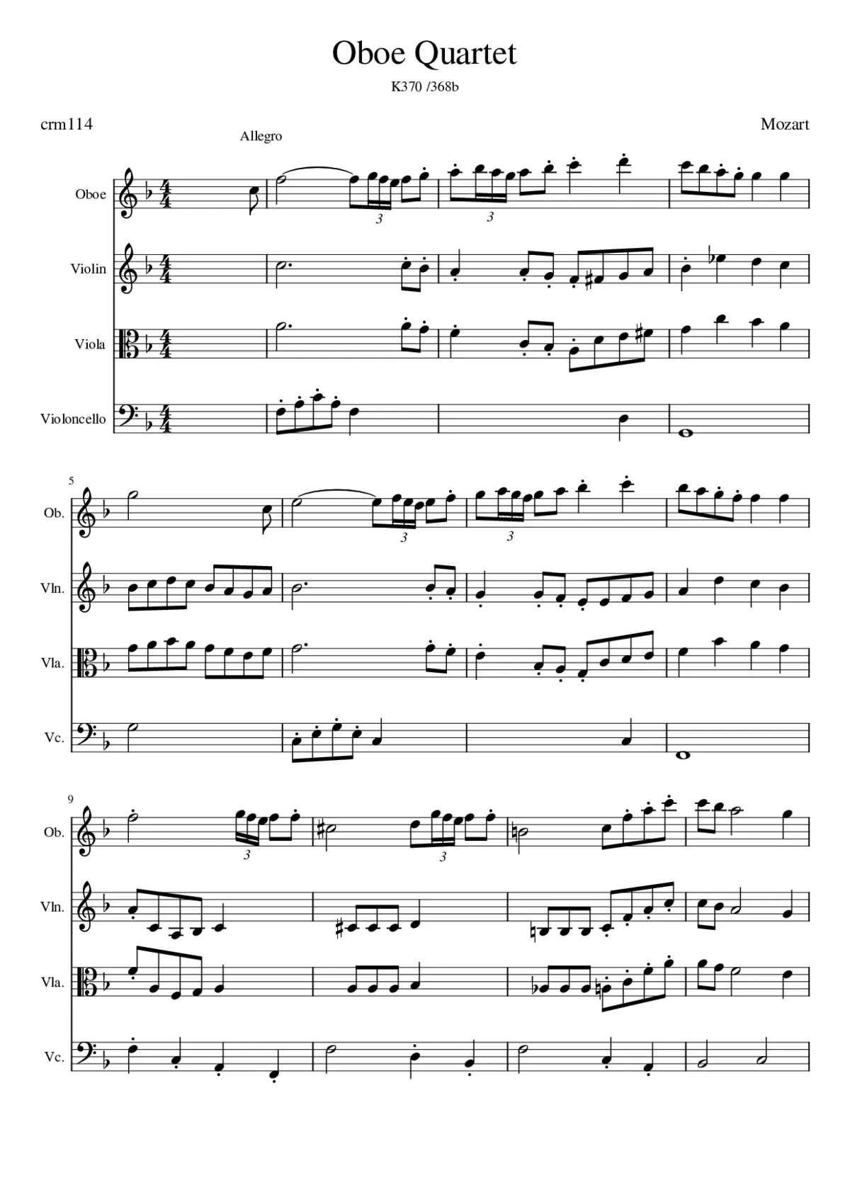 Oboe Quartet in F major K.370/368b - Page 1