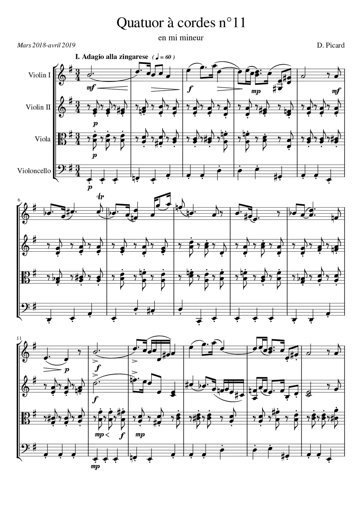 String quartet n11 in E minor by Dominique Picard - 1er mv - Page 1