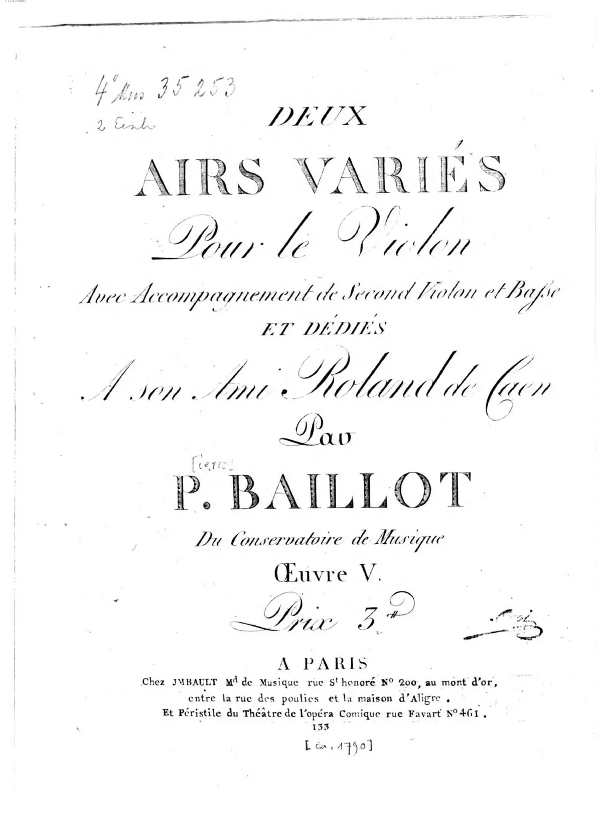 Deux airs variés pour le Violon avec accompagnement d'un second violon et basse - Page 1