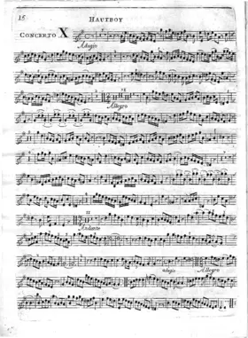 XII concertos in eight parts, the first three for violins and one small flute, the second three for violins and two small flutes, the third three for violins &amp; one German flute, and the three last for violins &amp; one hoboy, the proper flute being nam’d to each concerto