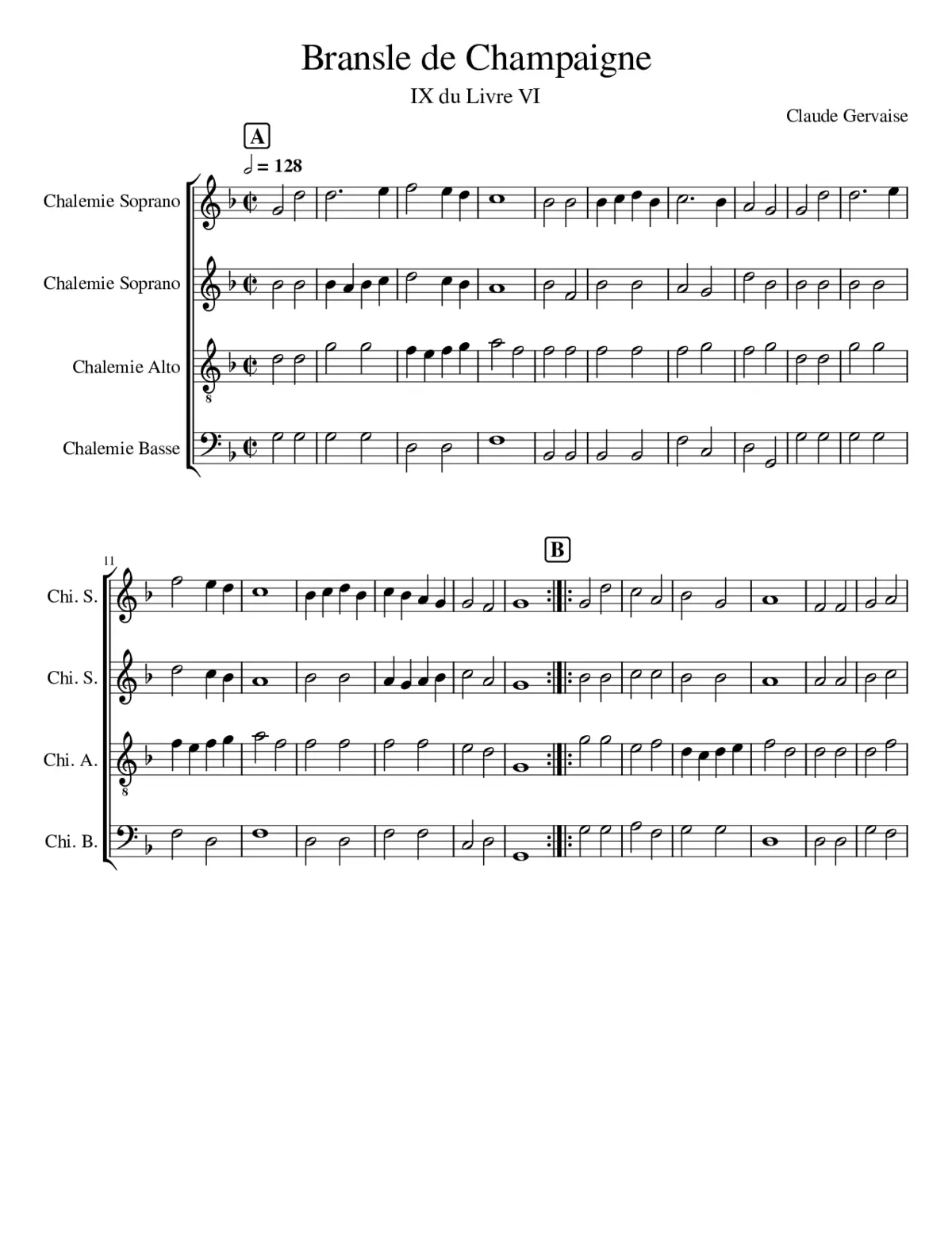 Bransle de Champagne IX 6e Livre de Danceries - Page 1