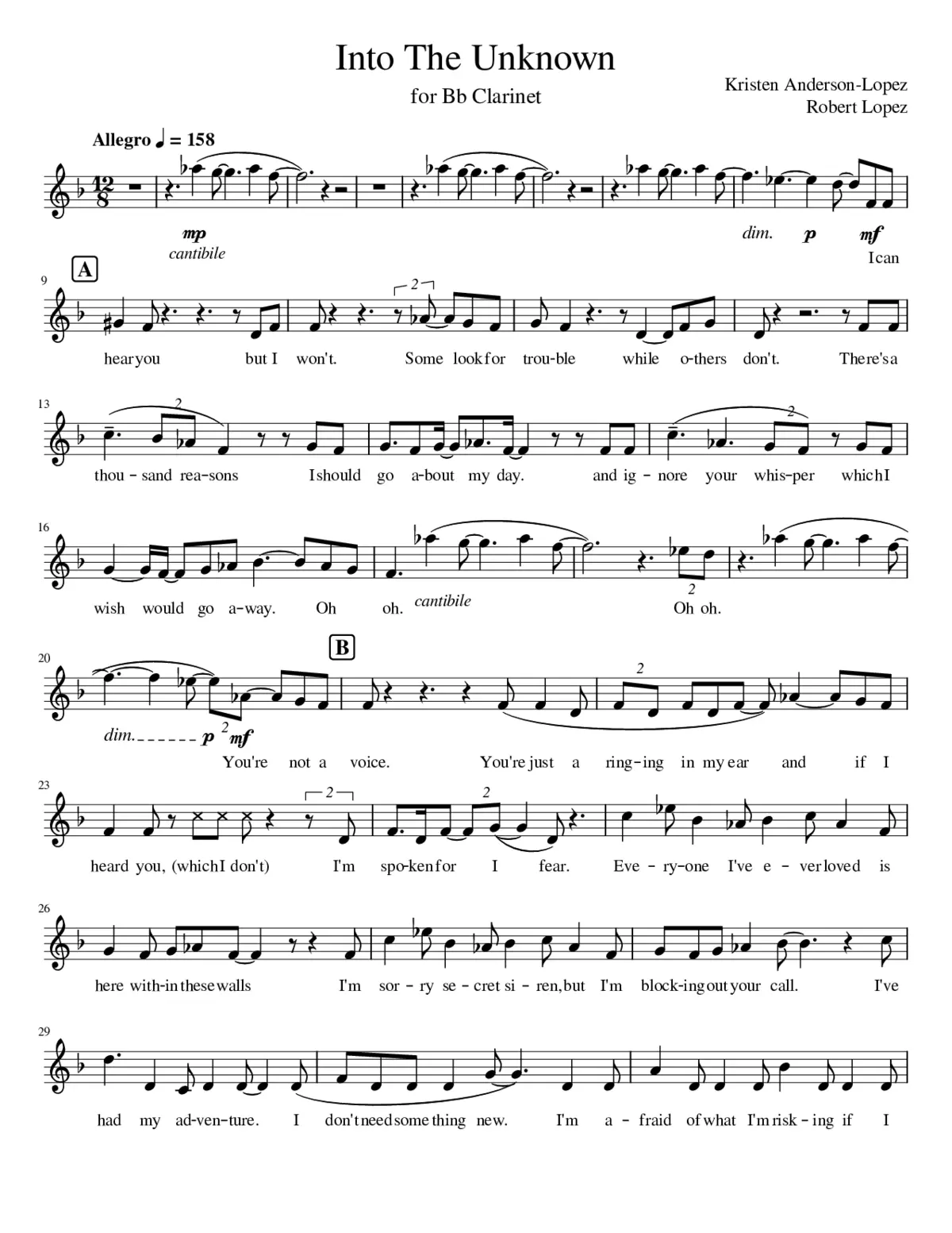 Into The Unknown for Bb Clarinet - Page 1