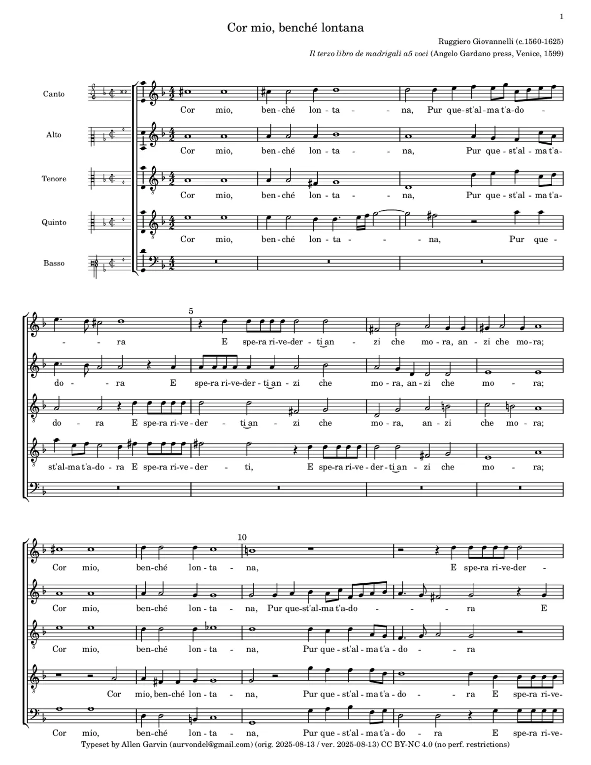 Cor mio, benchè lontana - Page 1