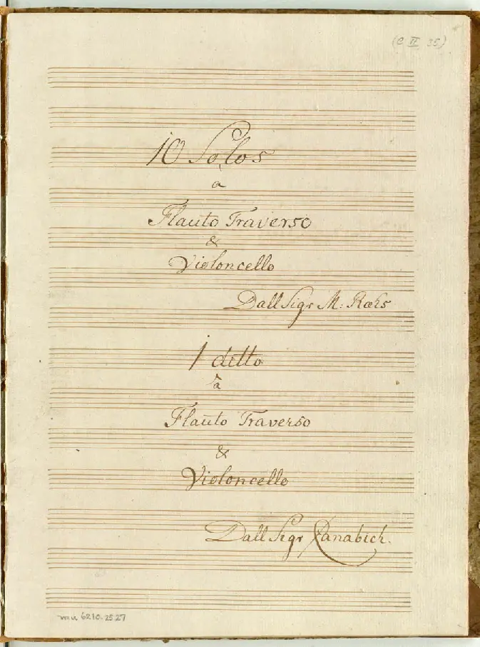 10 Solos à Flauto Traverso &amp; Violoncello Dall Sigr. M: Ræhs. 1 ditto à Flauto Traverso & Violoncello Dall Sigr Canabich - Page 1