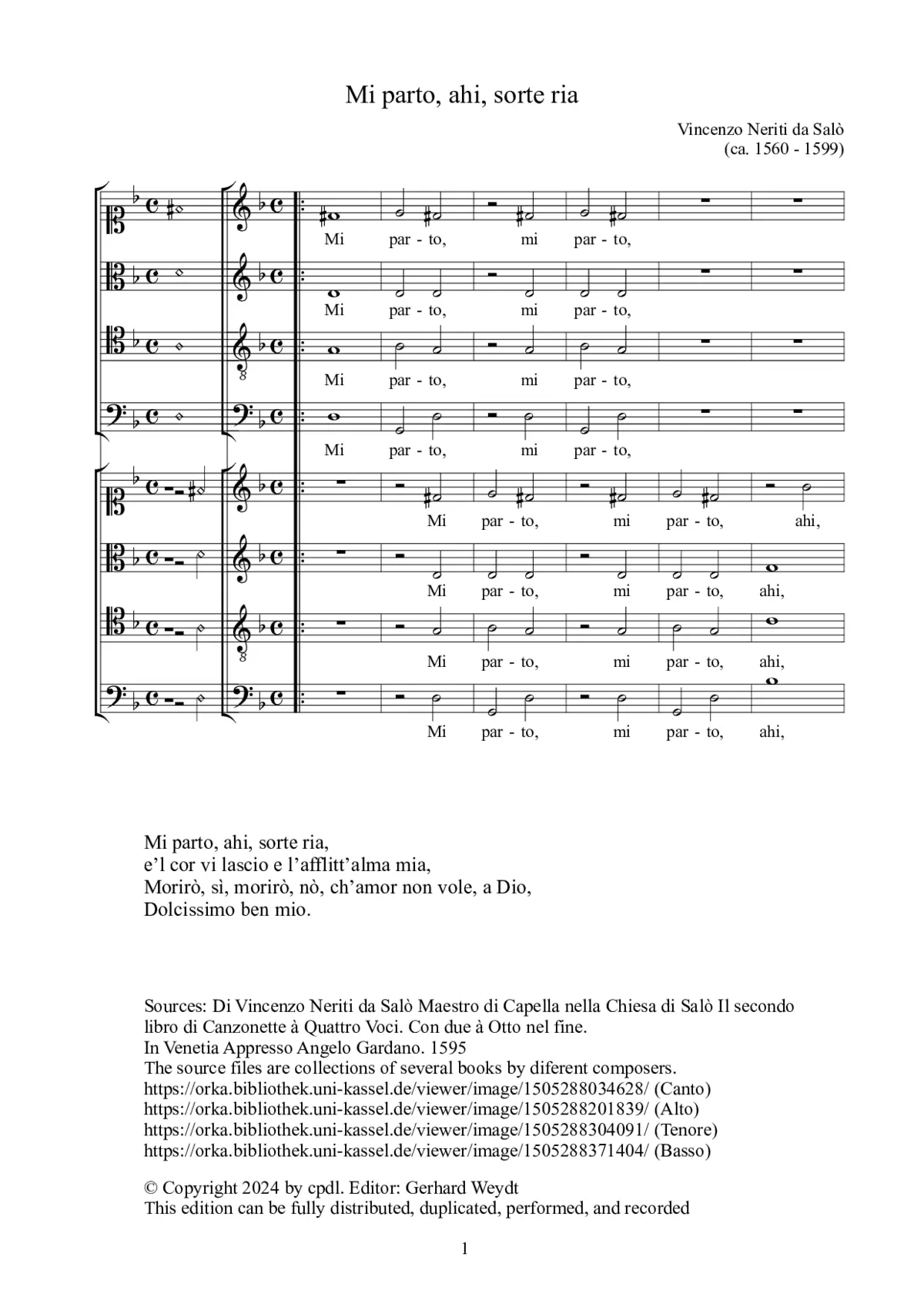 Mi parto, ahi, sorte ria - Page 1