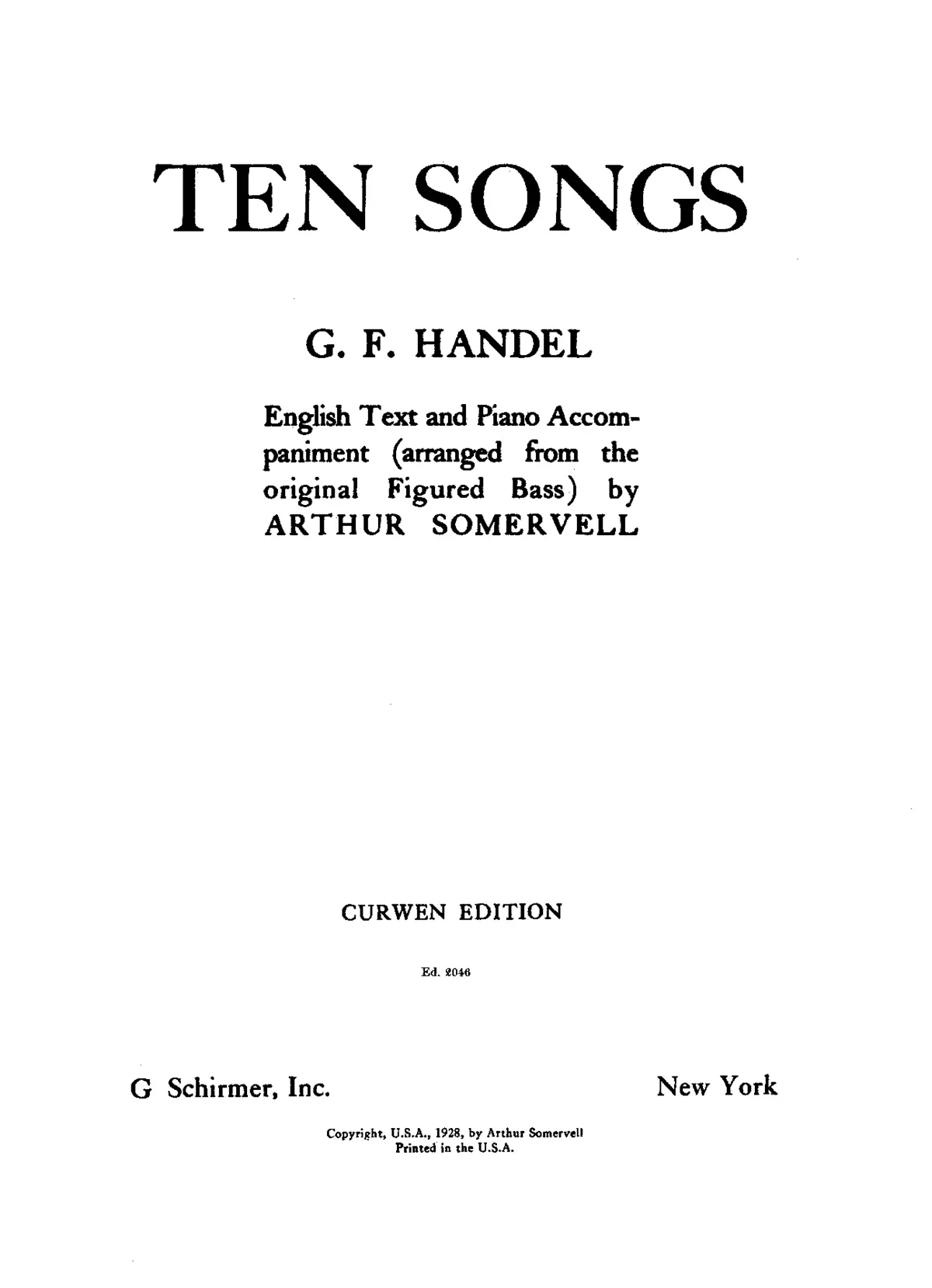 10 Songs. English Text and Piano Accompaniment (Arranged From the Figured Bass) by Arthur Somervell. - Page 1