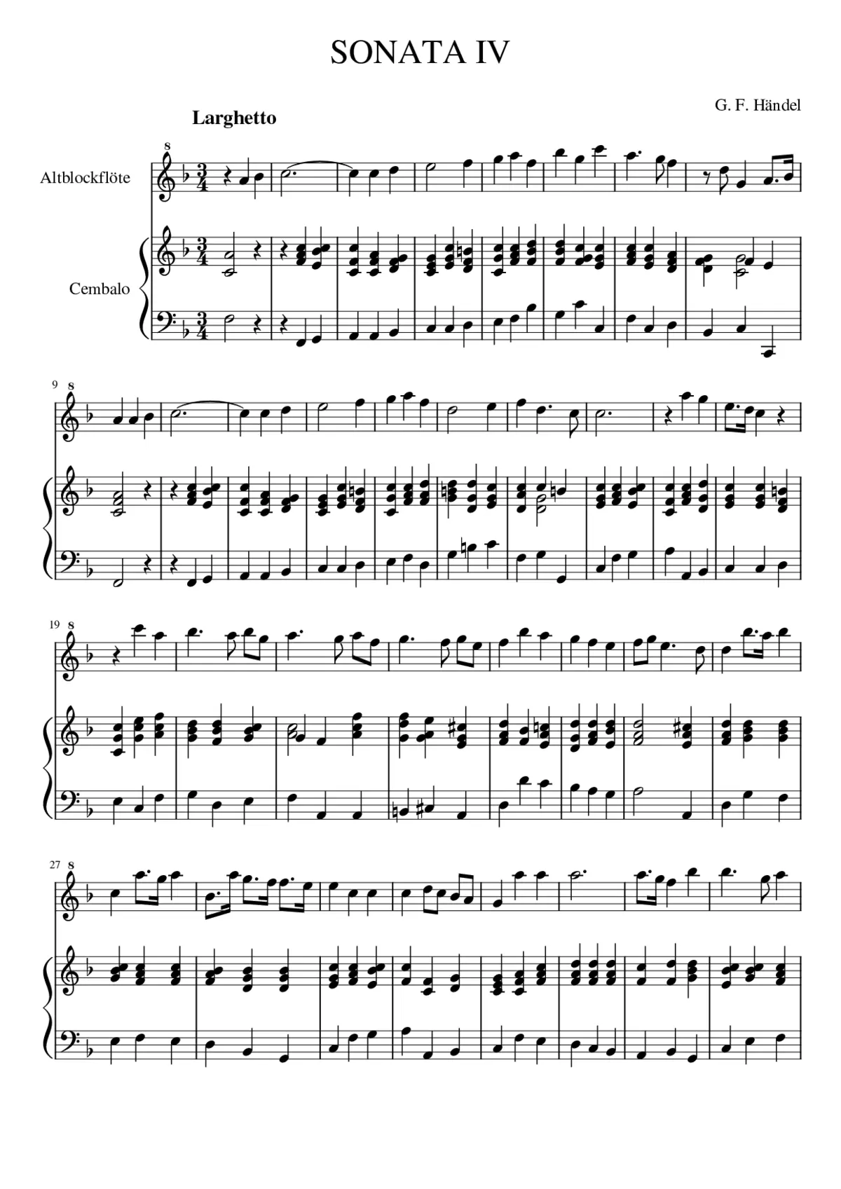 Händel sonata IV pour flüte et clavier Larghetto - Page 1