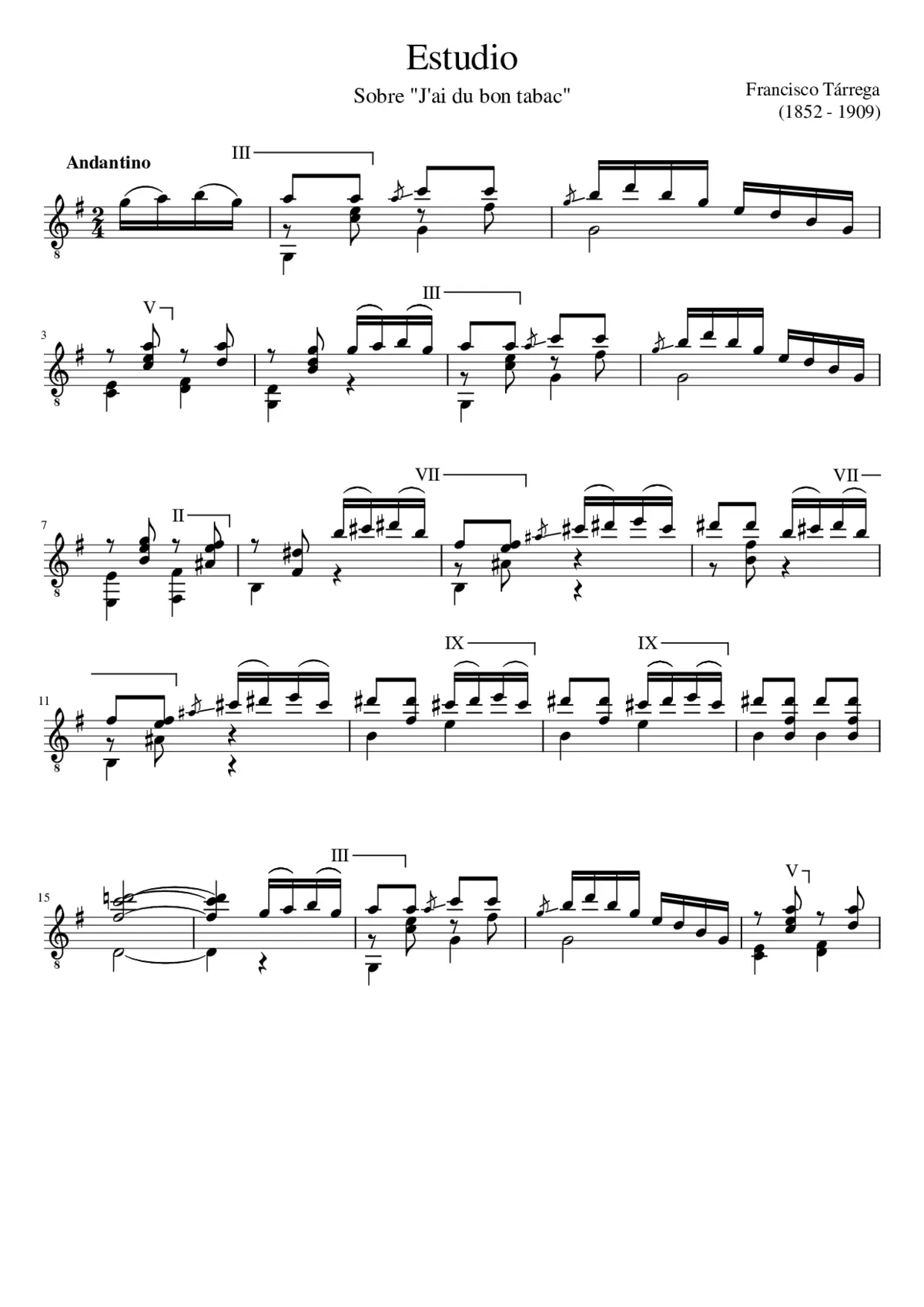 Francisco Tárrega - Estudio sobre J'ai du bon tabac - Page 1