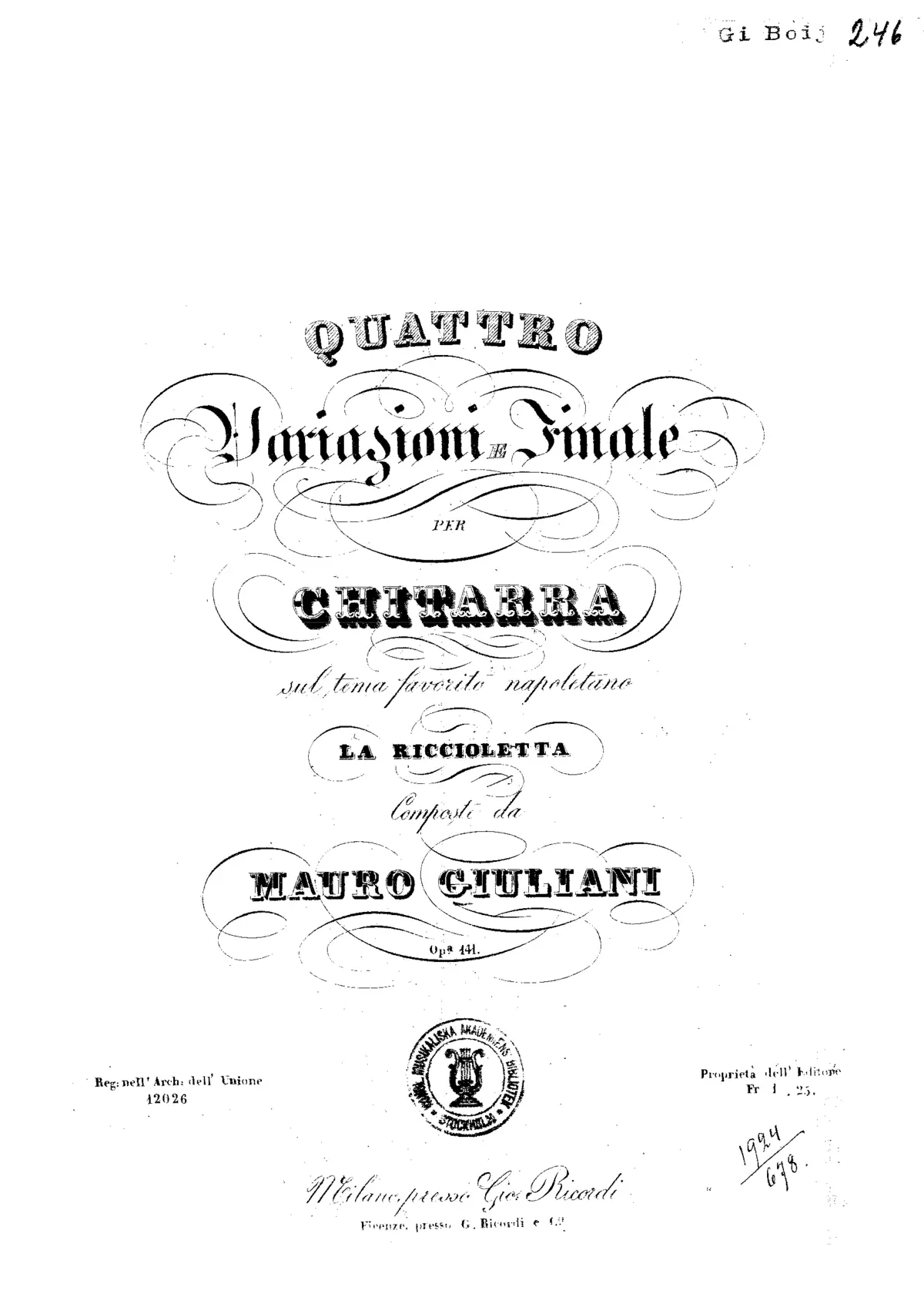 Quattro variazioni e finale sul tema Riccioletta - Page 1