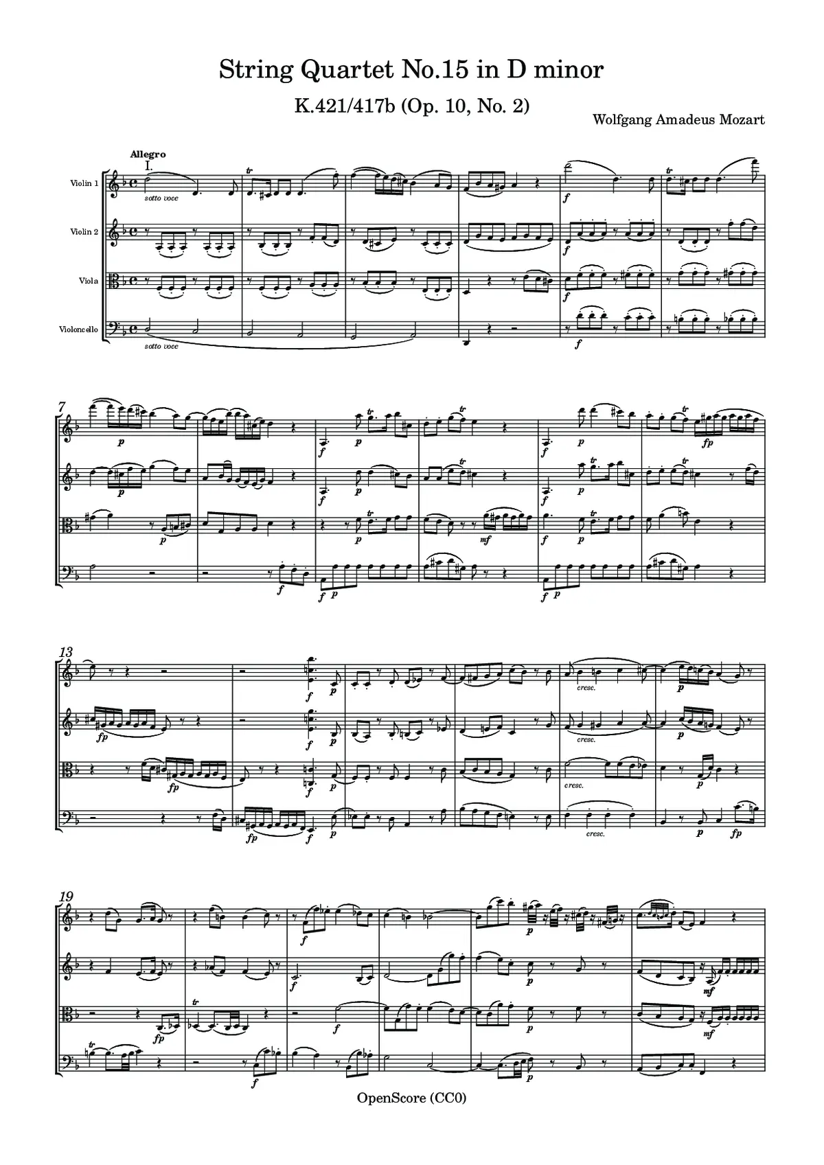 String Quartet No.15 in D minor, K.421/417b (Op. 10, No. 2) - Page 1