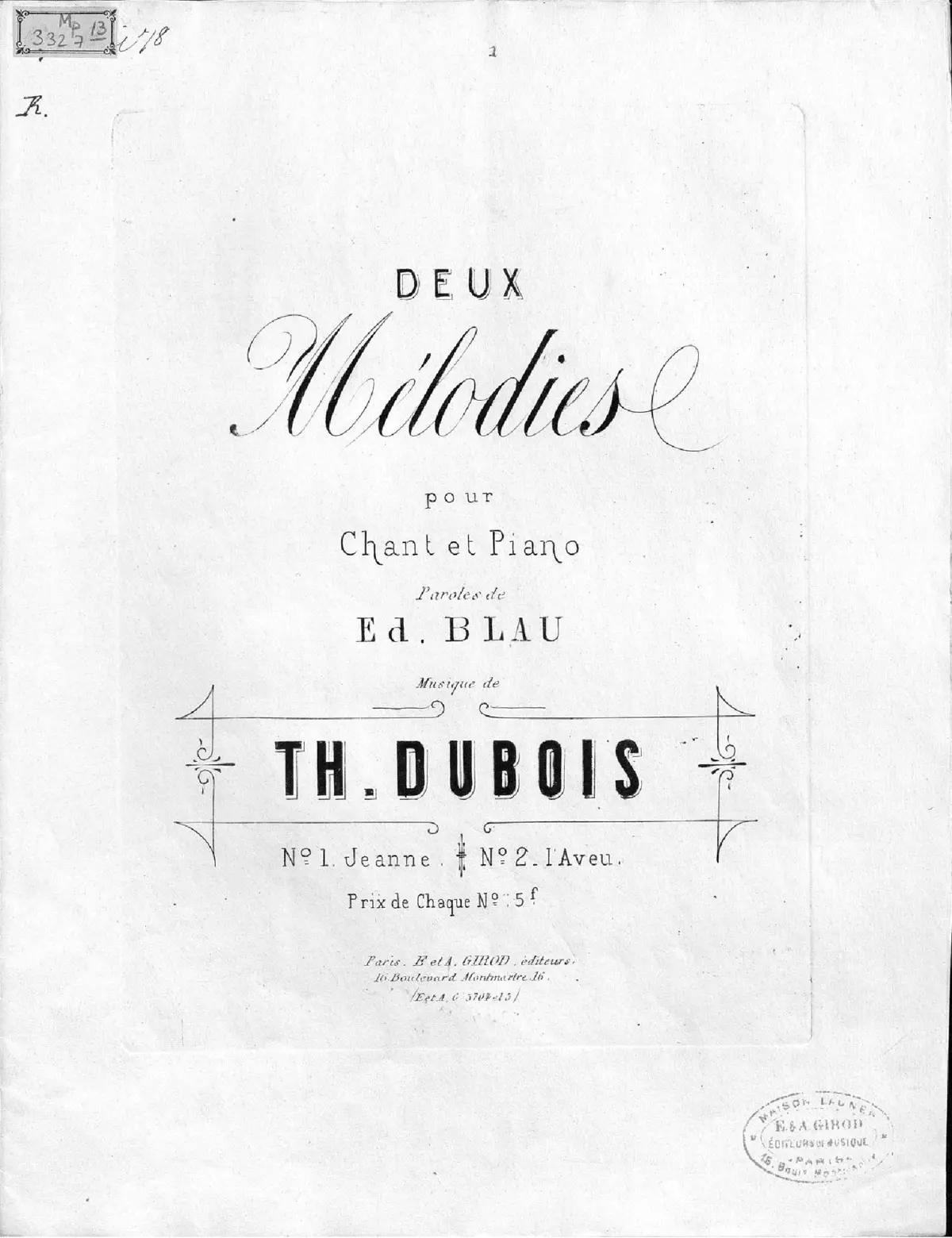 2 Mélodies pour chant et piano - Page 1