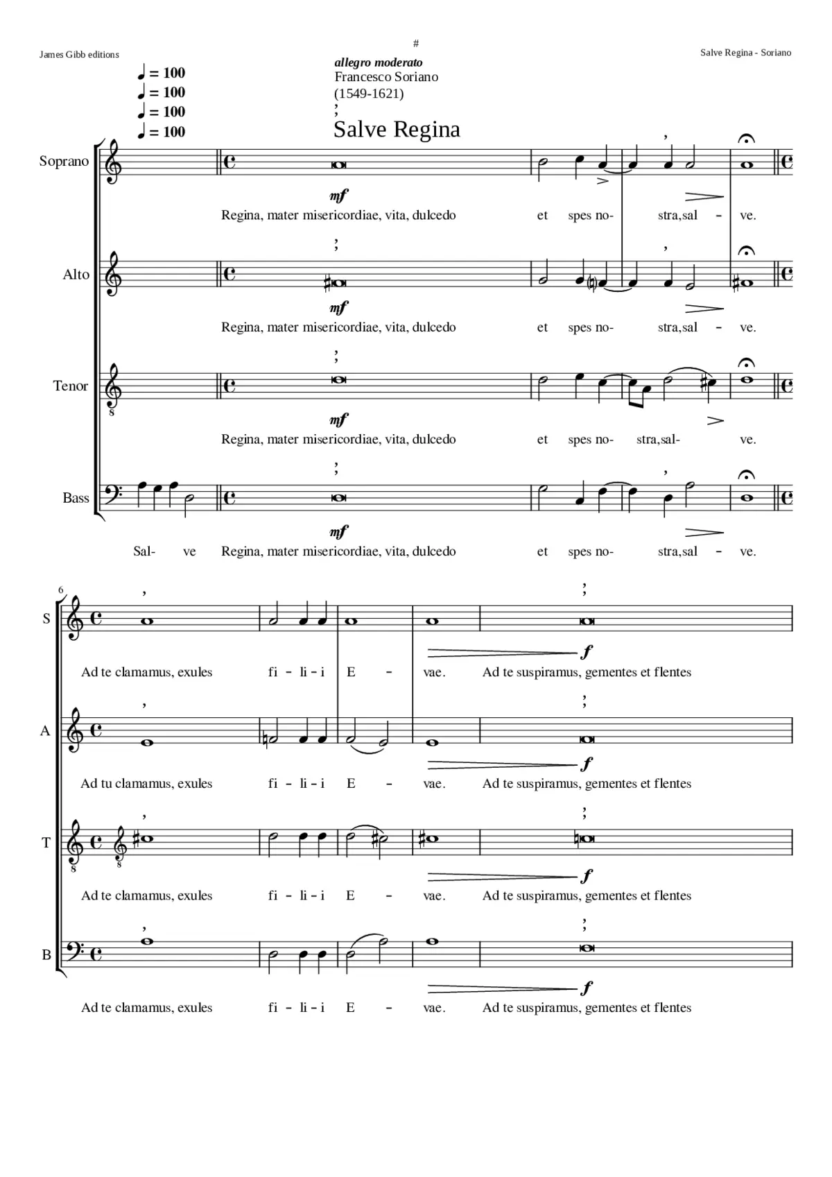 Salve Regina II an alternatim setting appearing before the through-composed Salve Regina (Francesco Soriano) in the 1619 edition but in 2nd position in Prozske's anthology. - Page 1