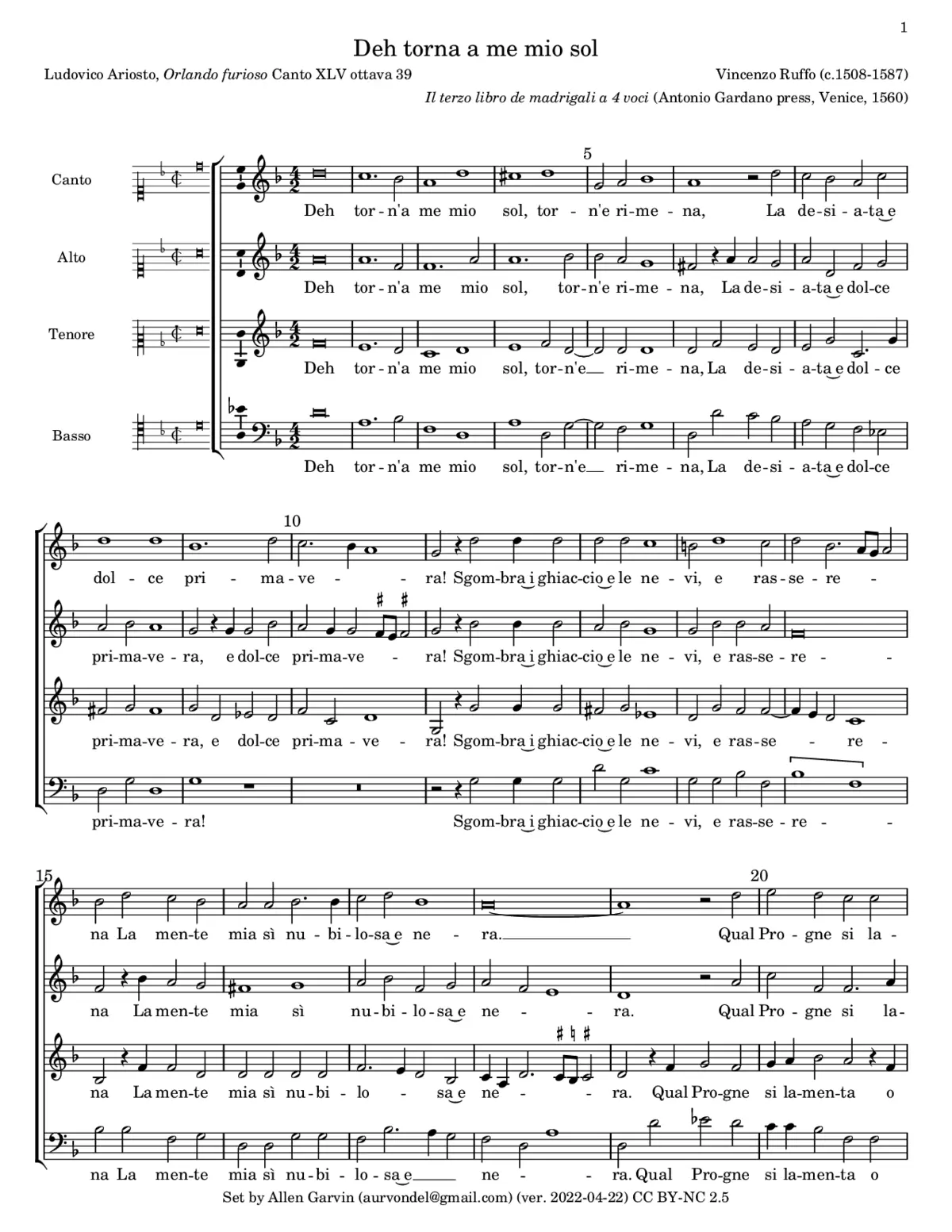 Deh torna a me mio sol (a 4) - Page 1