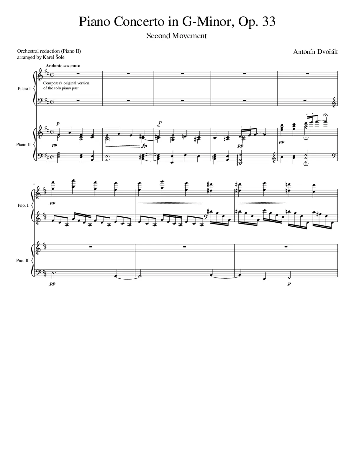 DvoÅák Piano Concerto in G Minor 2nd Mvmt (arr. for 2 pianos) - Page 1
