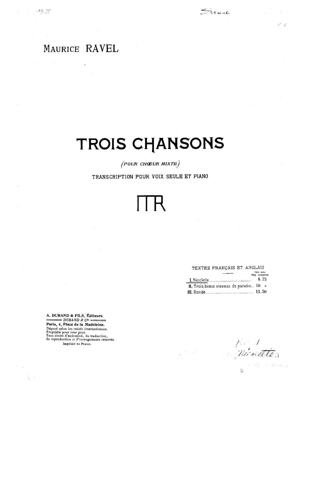 Trois chansons - Page 1