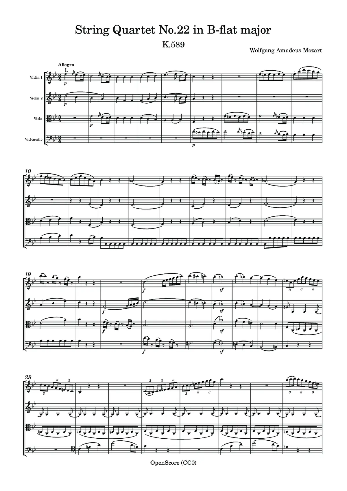 String Quartet No.22 in B-flat major, K.589 - Page 1